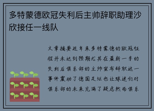 多特蒙德欧冠失利后主帅辞职助理沙欣接任一线队