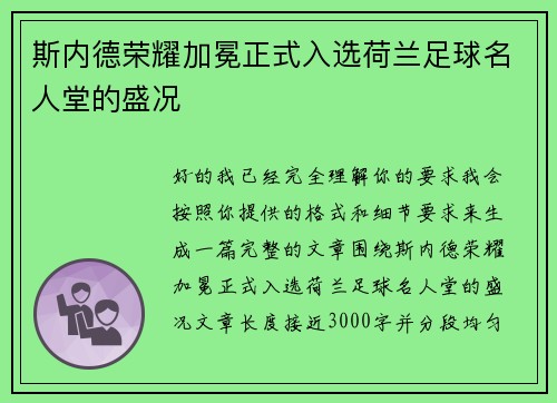 斯内德荣耀加冕正式入选荷兰足球名人堂的盛况