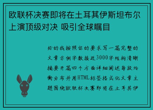 欧联杯决赛即将在土耳其伊斯坦布尔上演顶级对决 吸引全球瞩目 欧联杯决赛即将在土耳其伊斯坦布尔上演顶级对决 吸引全球瞩目